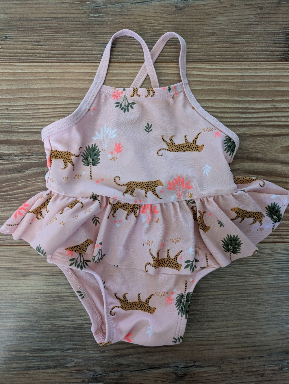 Old Navy Baby Girl 1 Pc Cross Back Pink Leopard Tropical Swimsuit UPF 50 0-3 M‎